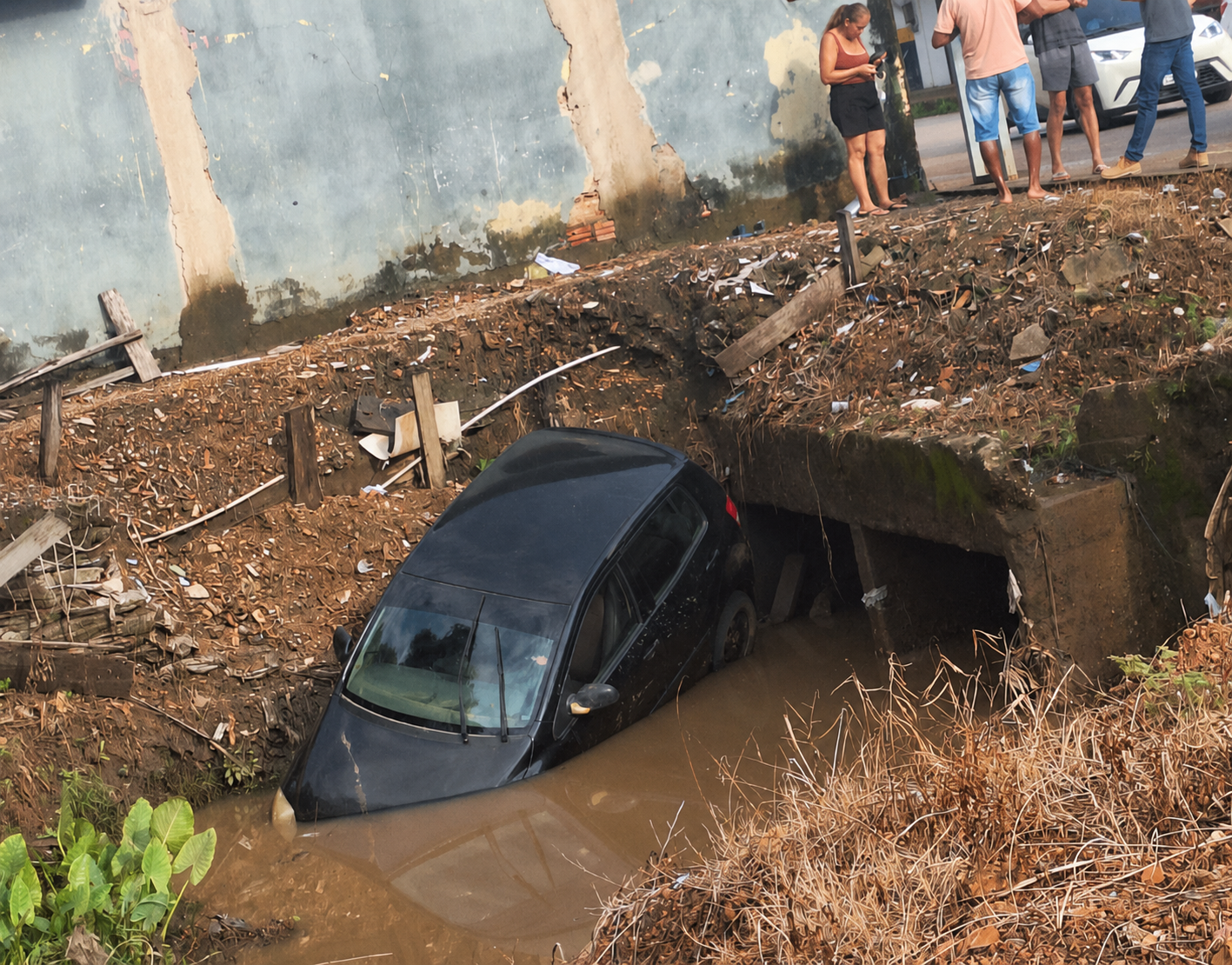 Carro cai dentro de bueiro após motorista perder controle na Capital
